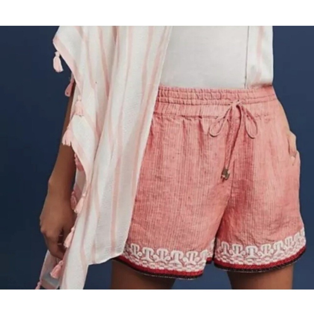 Anthropologie Beachcomber Coral Embroidered Linen Blend Shorts XS Pull On